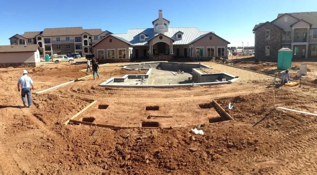 Commercial pool construction underway at an apartment community in New Mexico